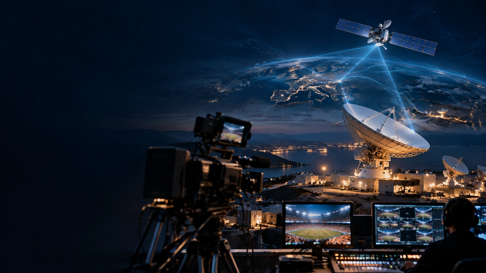 Professional broadcast production connected through satellite and network infrastructure