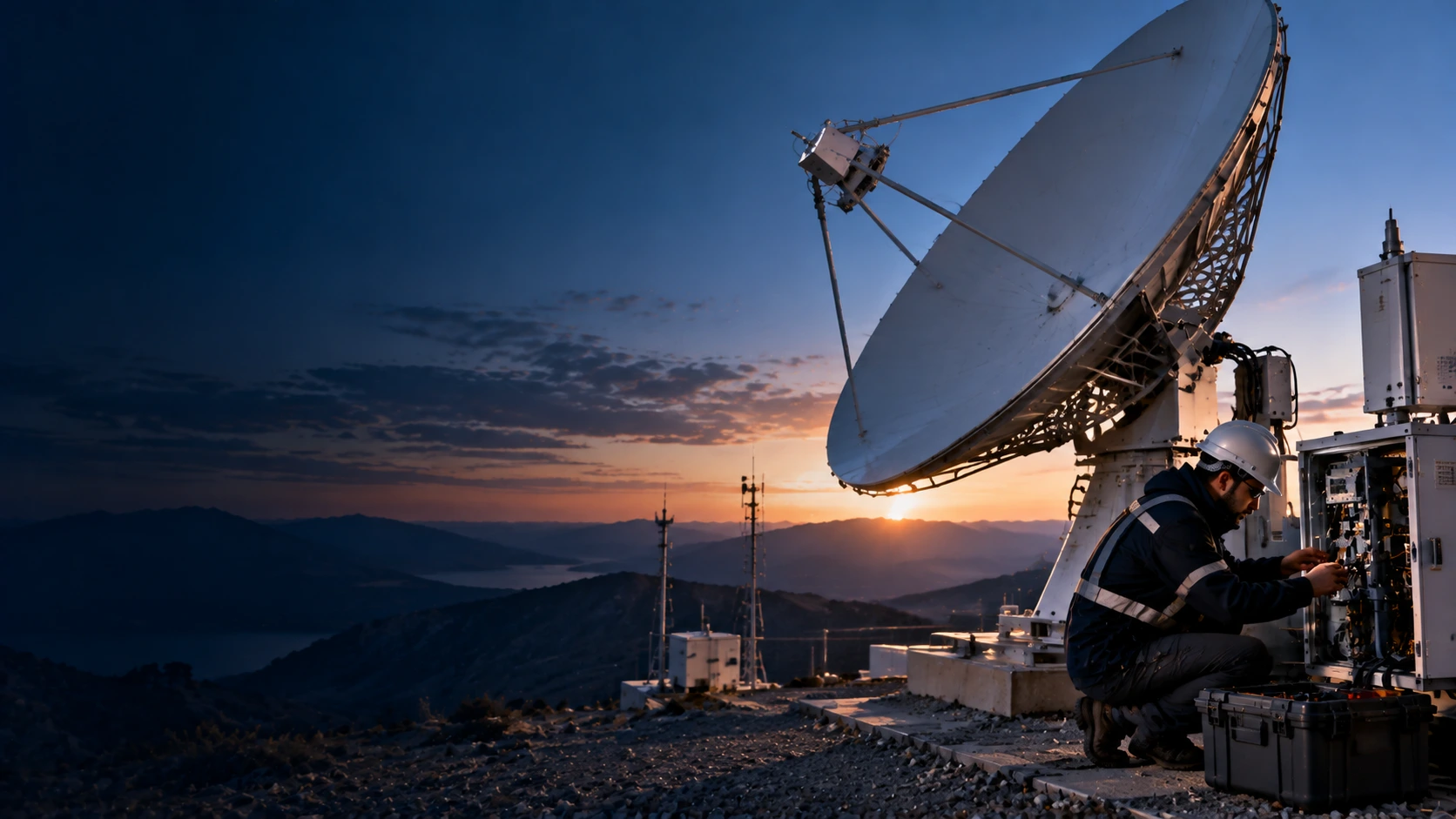 Telecom engineer performing on-site maintenance at a remote VSAT satellite site
