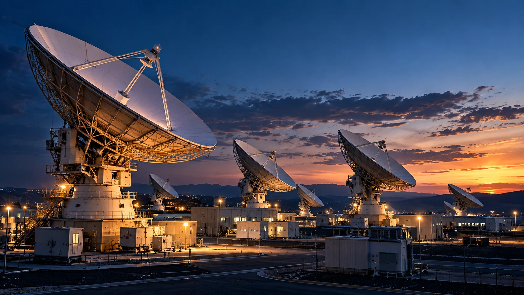 Professional satellite ground station with multiple parabolic antennas
