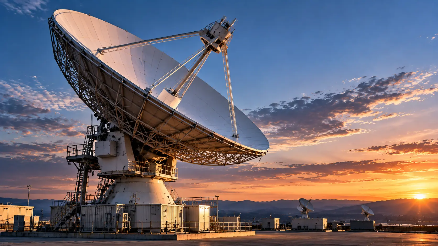 Large professional satellite uplink antenna at a telecommunications facility